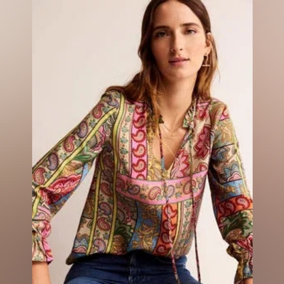 BODEN Romantic Top Women Colorful Blouse Size 2 Silk And Viscose Fabric Loose - Picture 1 of 15